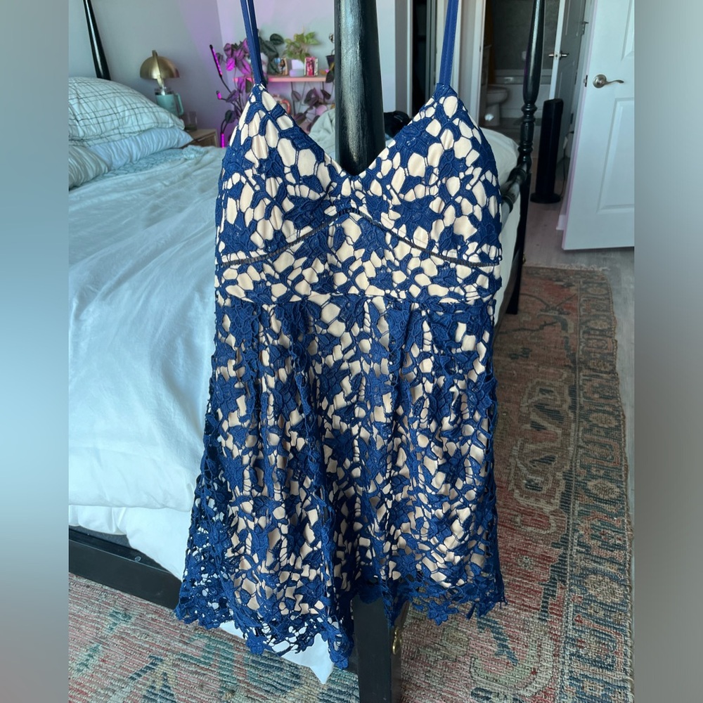 Medium Francesca’s blue floral net lace short dress